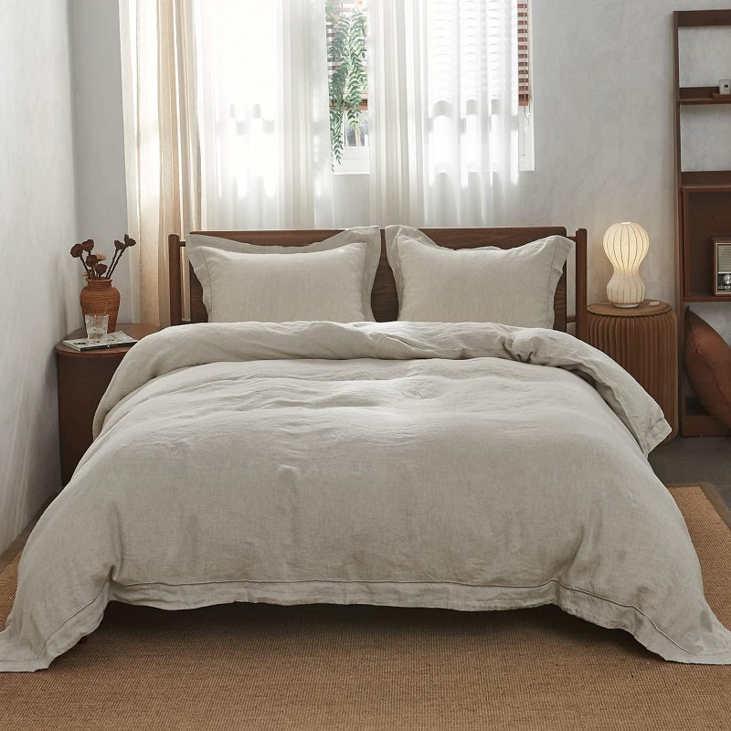 Simple&Opulence 100% Linen Duvet Cover Set with Embroidery Border Washed - 3 Pieces (1 Duvet Cover with 2 Pillow Shams) with Button Closure Soft Breathable Farmhouse - Linen, Full Size - Image 3